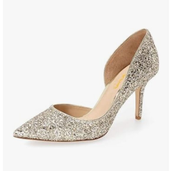 XYD Gold Glitter D'Orsay Low Heels Comfortable Slip-on Pointed Toe Sexy Pumps - Picture 1 of 8